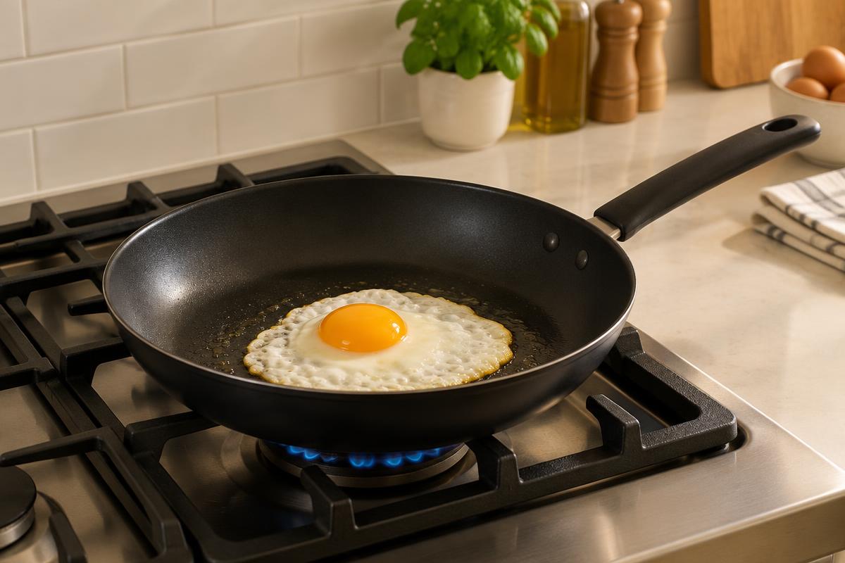 A nonstick frying pan cooking an egg on a gas stovetop