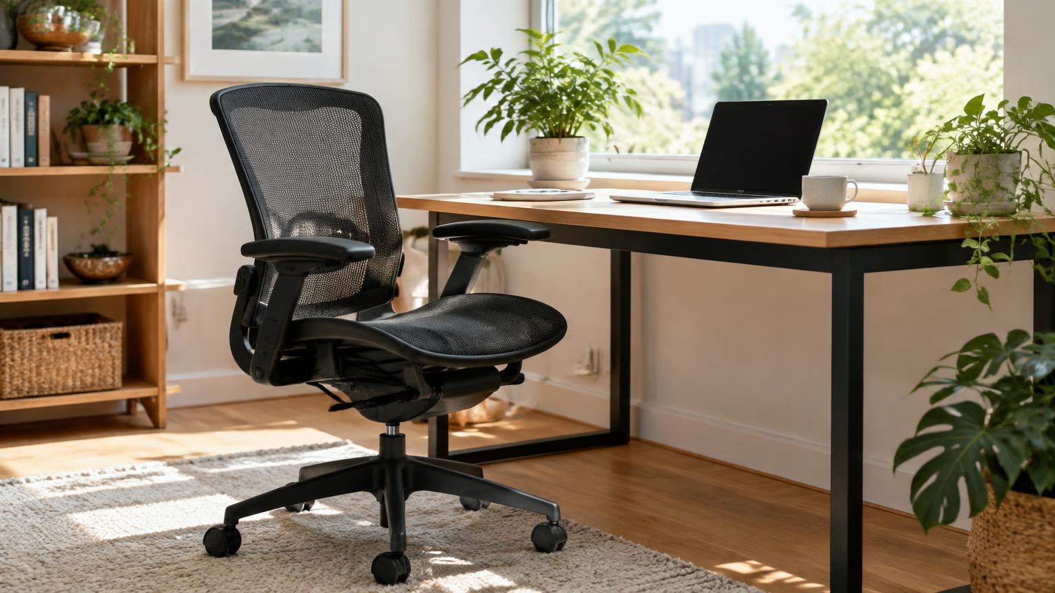 A black mesh office chair at a sunny home desk with plants