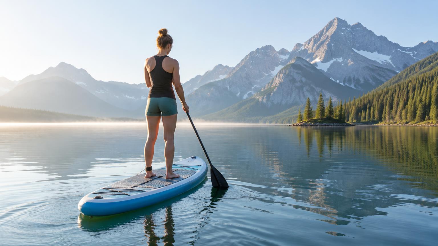 A woman on an inflatable paddle board on a calm mountain lake