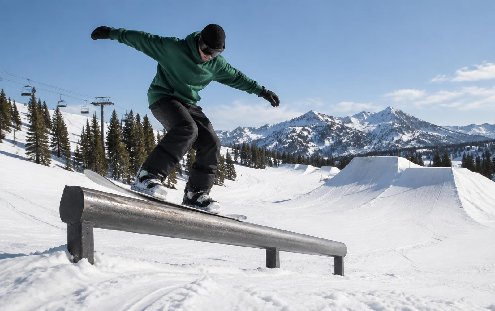 A snowboarder in a green hoodie sliding a metal rail in a sunny terrain park with jumps behind