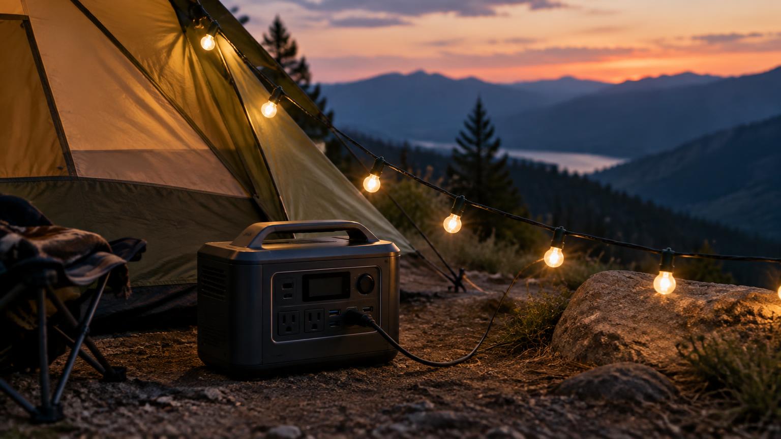 A portable power box running string lights beside a tent at dusk