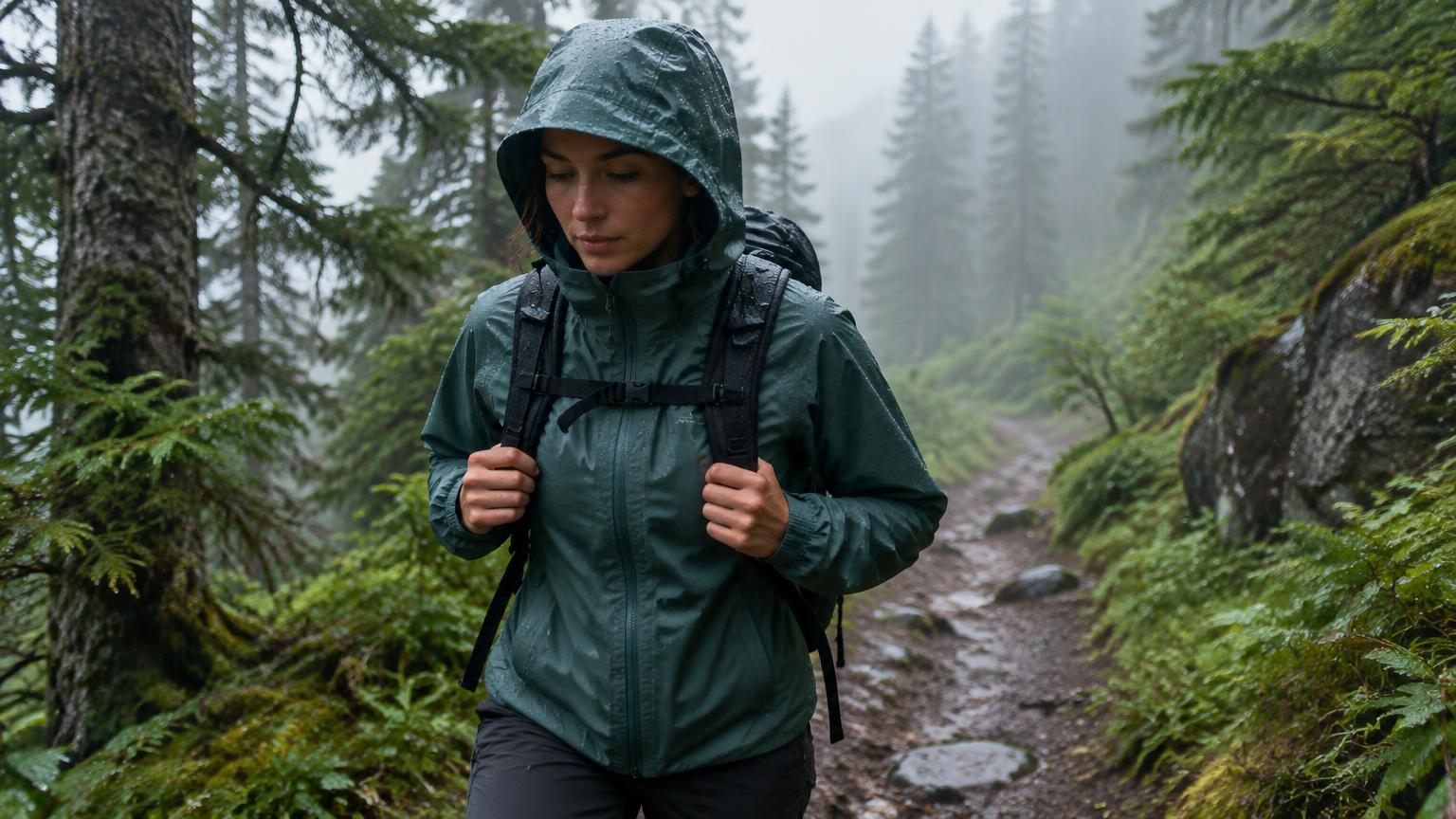 A hiker in a rain jacket on a misty forest trail