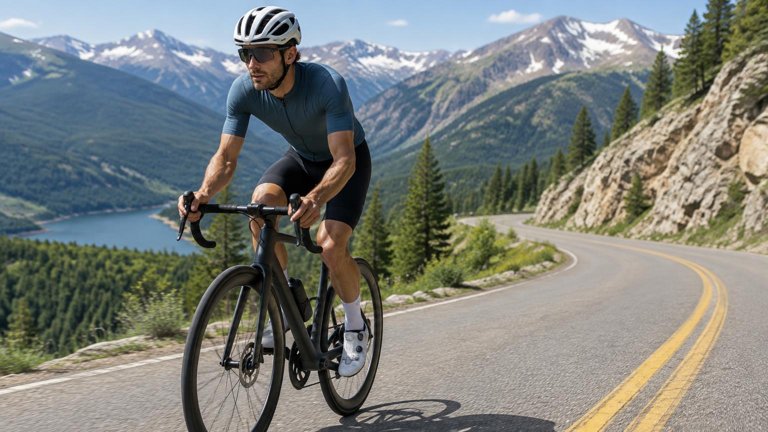 A cyclist on a carbon road bike climbing a winding mountain road