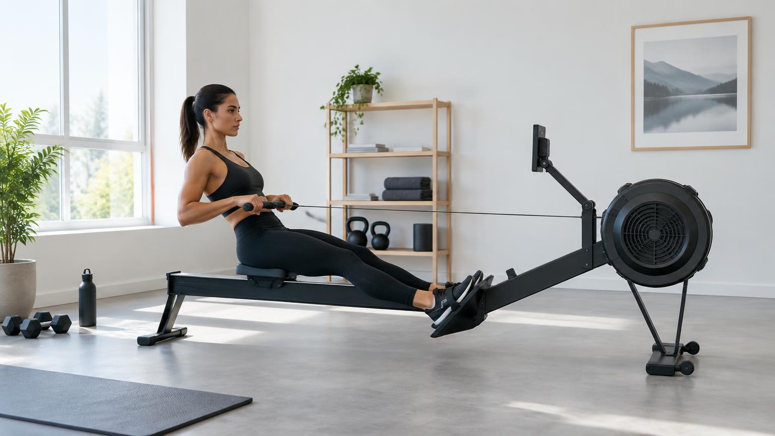A woman training on an indoor rowing machine in a bright home gym