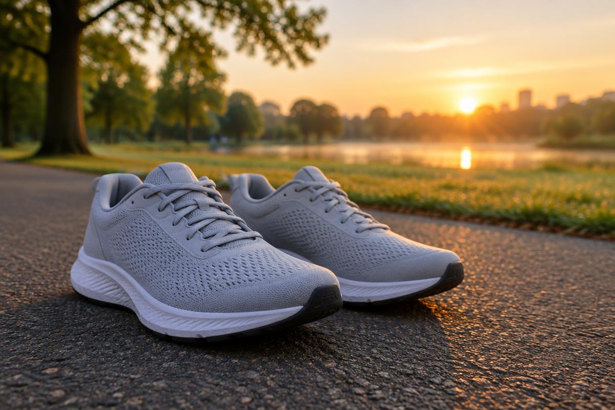 A pair of running shoes on a paved park path at sunrise