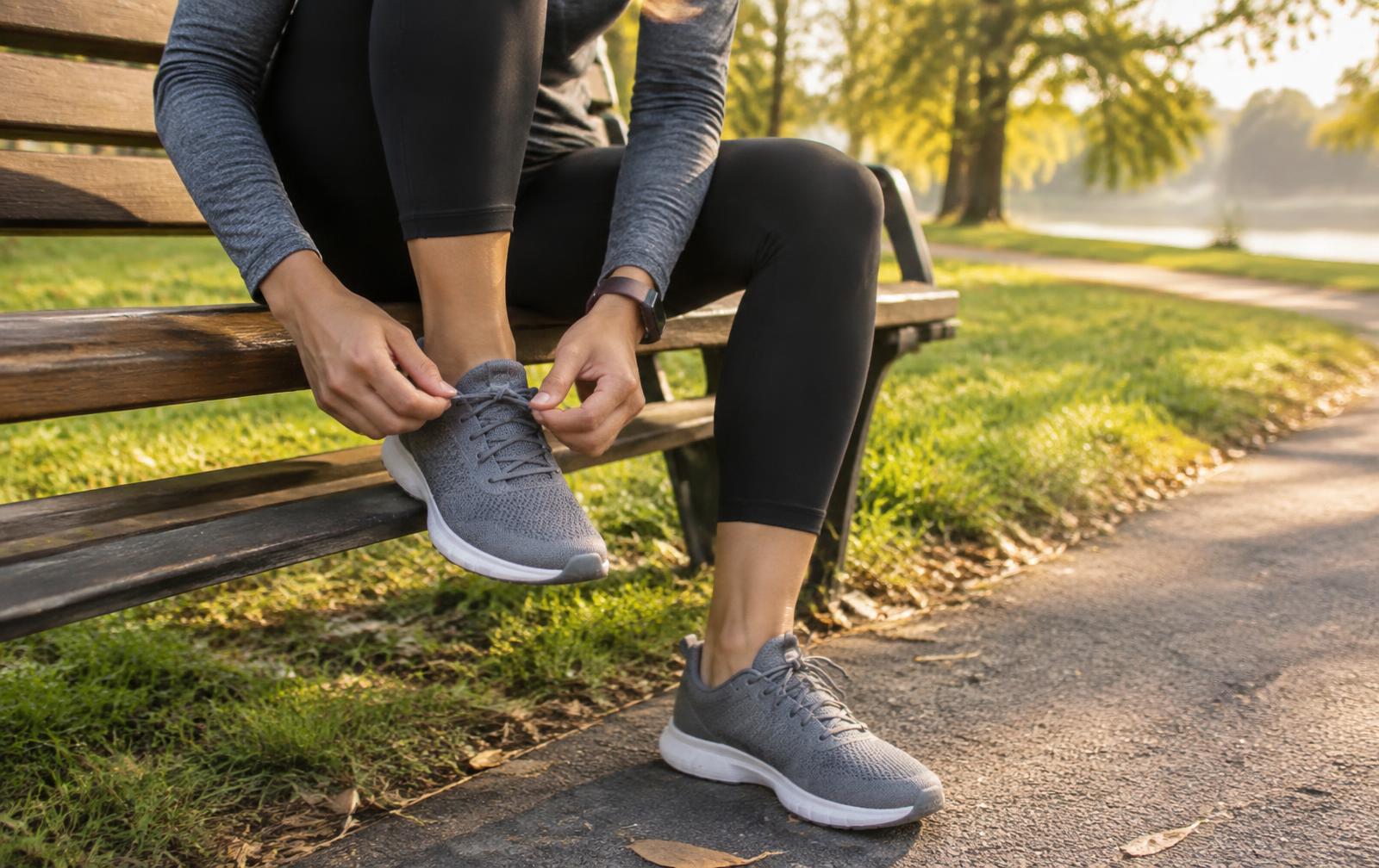 A runner on a park bench lacing up plain grey running shoes in warm morning light