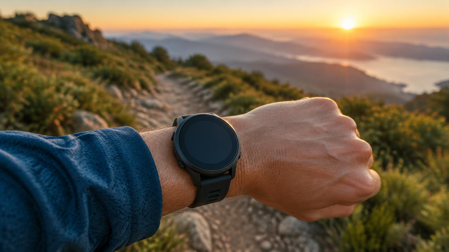 A runner's wrist with a GPS watch on a mountain trail at sunrise