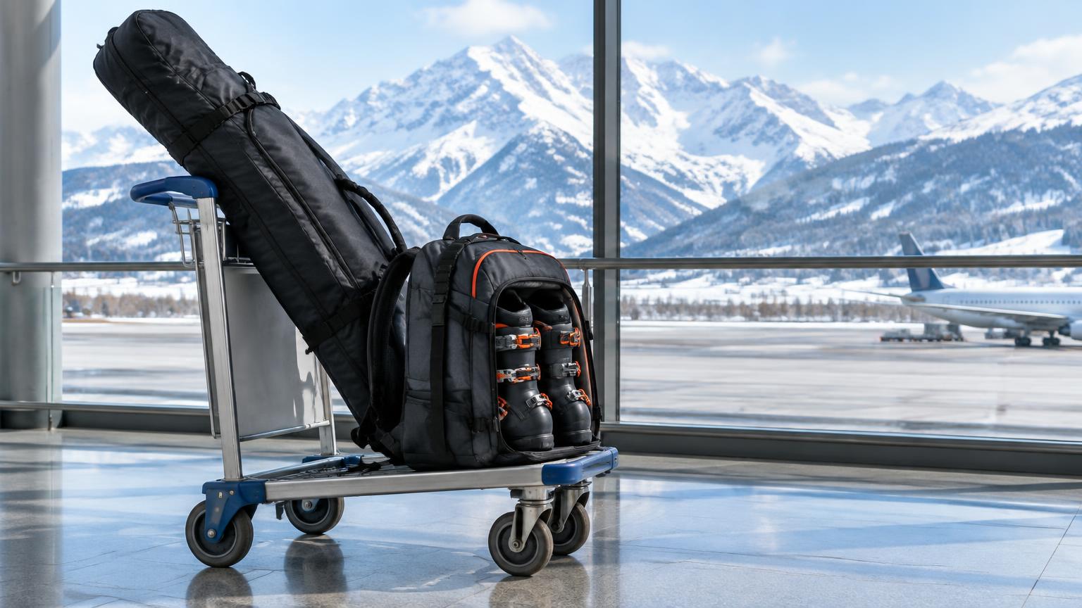 A ski bag and boot backpack on an airport luggage cart
