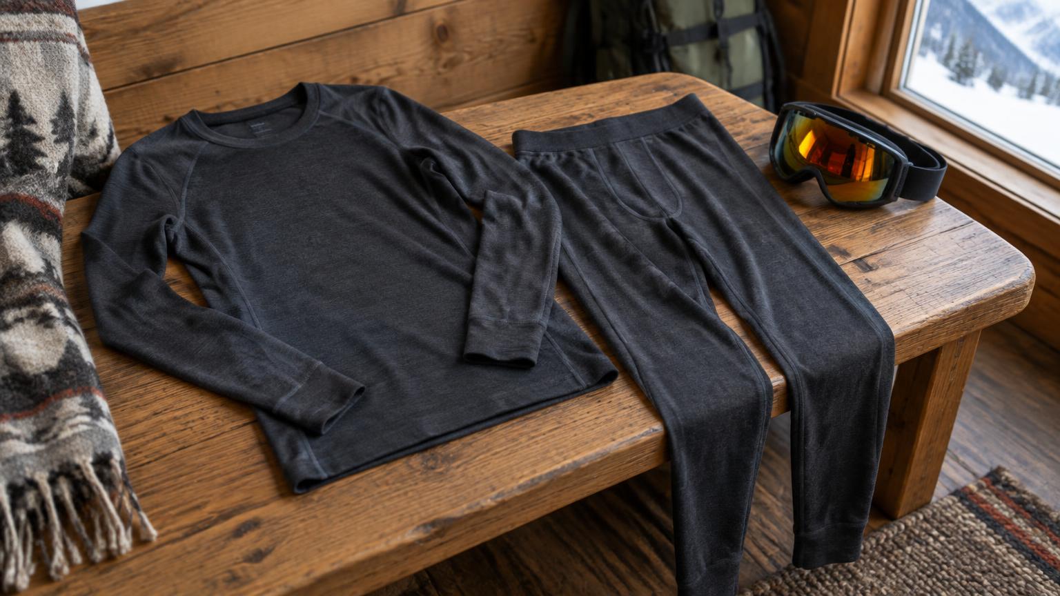 A thermal base layer top and bottoms laid on a cabin bench