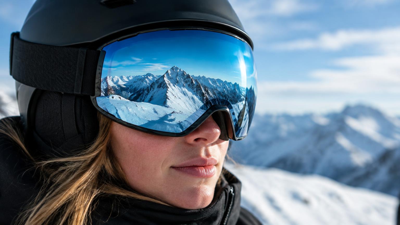 Mirrored ski goggles reflecting snowy mountain peaks