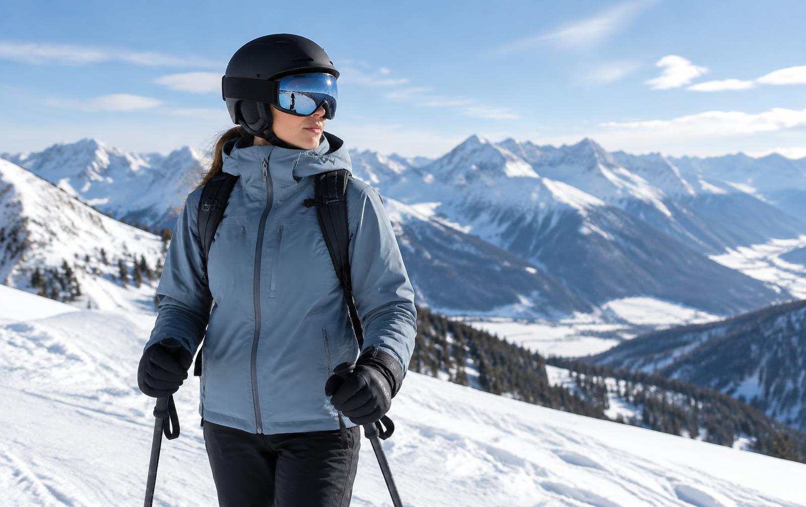 A skier in a black helmet and mirrored goggles looking across snowy mountain peaks
