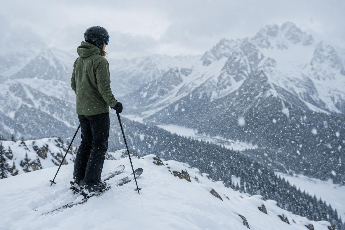 A skier in a shell jacket on a snowy ridge during falling snow