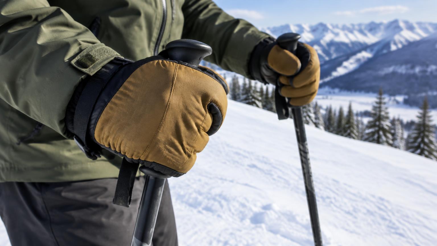 A skier's hands in insulated mittens gripping ski poles
