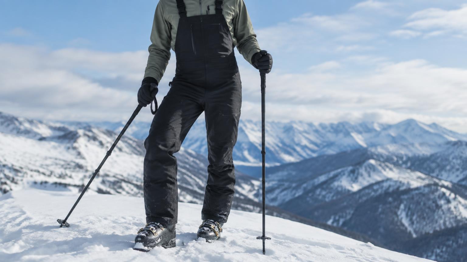 A skier in black bibs standing on a snowy ridge with poles