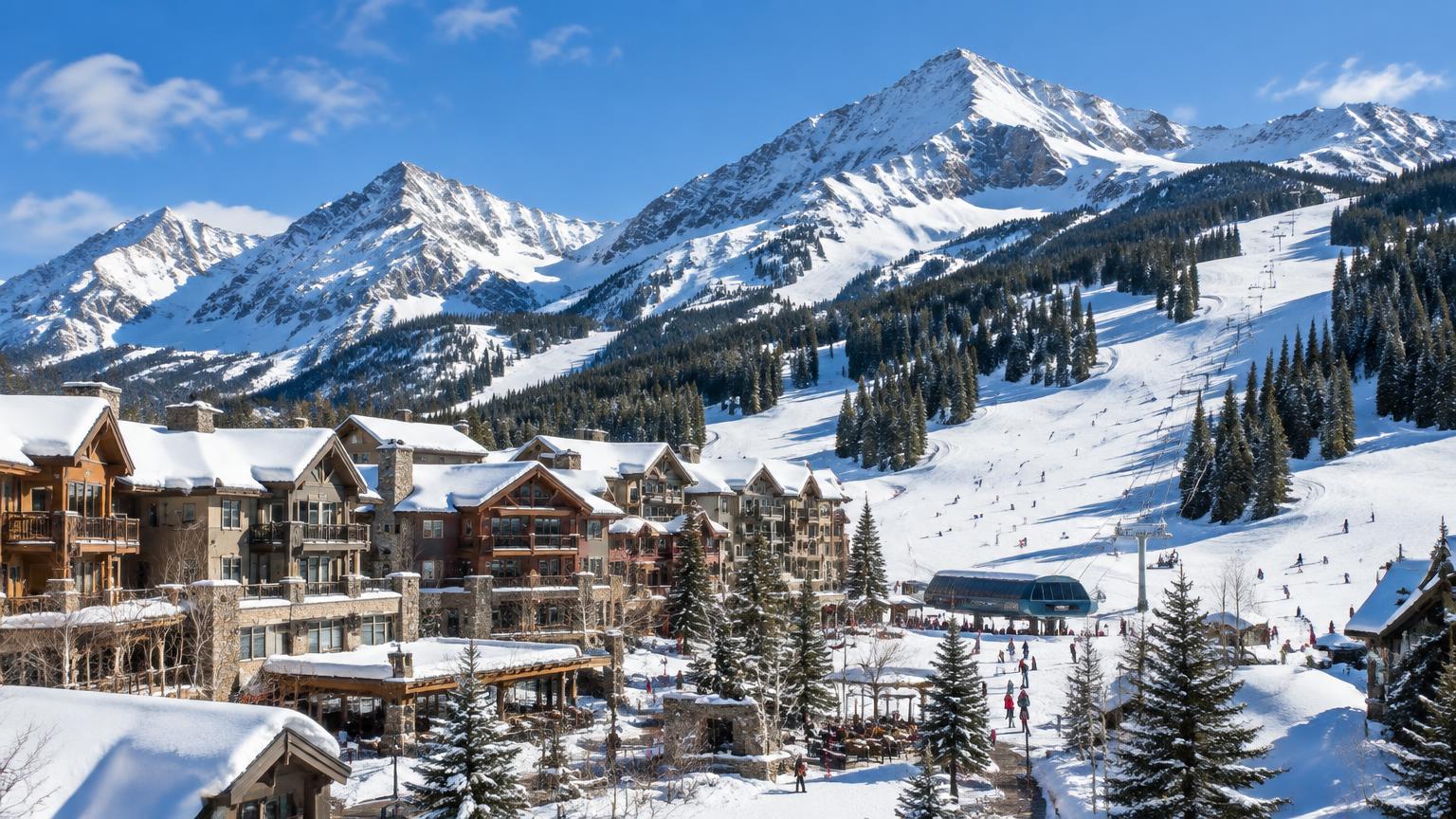 A Colorado ski village at the base of snowy peaks and groomed runs