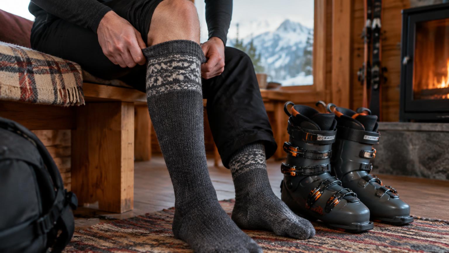 A skier pulling on tall wool ski socks beside ski boots in a cabin
