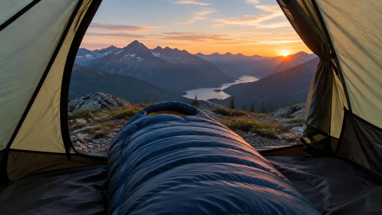 A down sleeping bag inside an open tent facing mountains at sunset