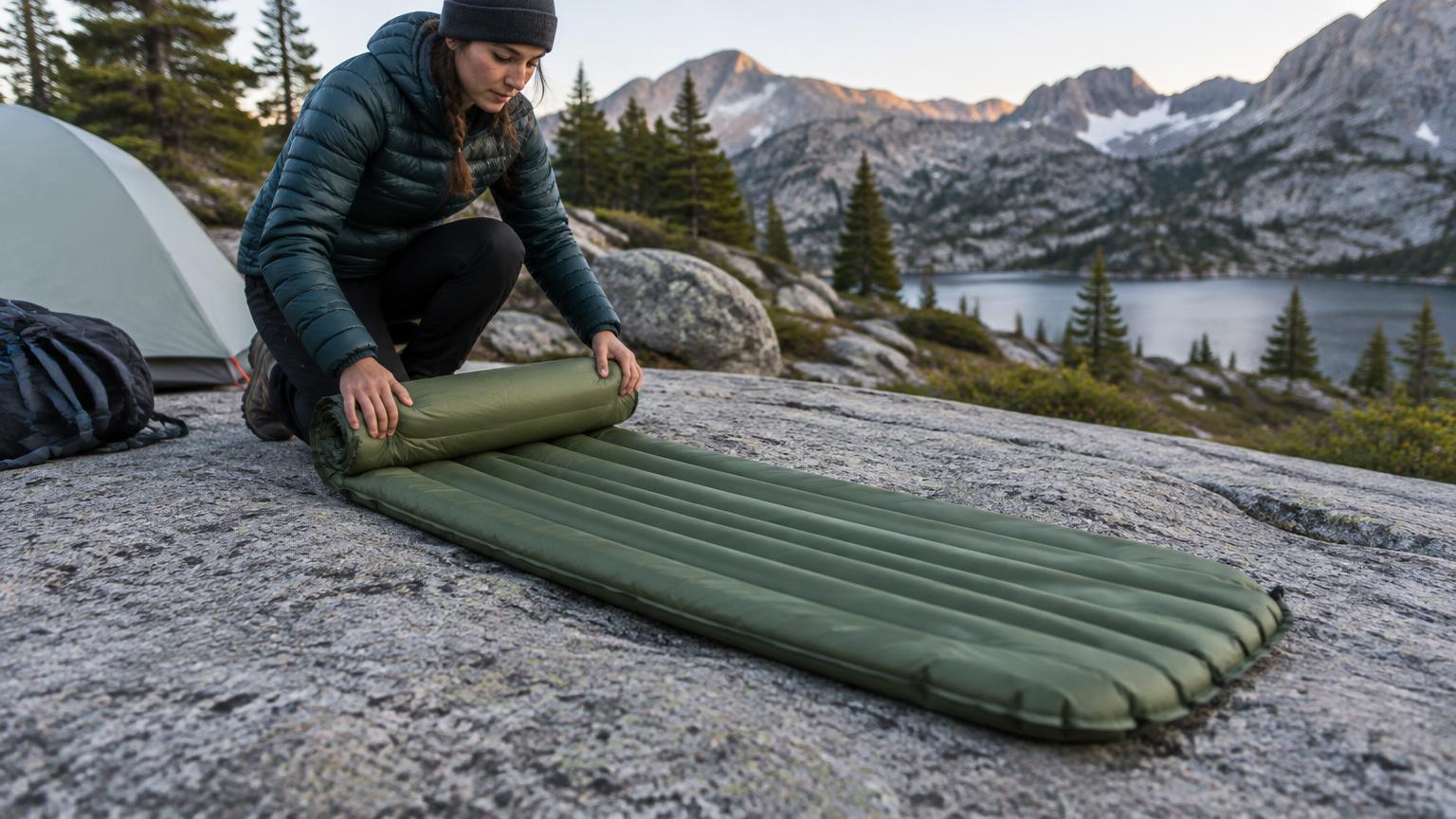 An inflatable sleeping pad inside a backpacking tent beside a mountain trail