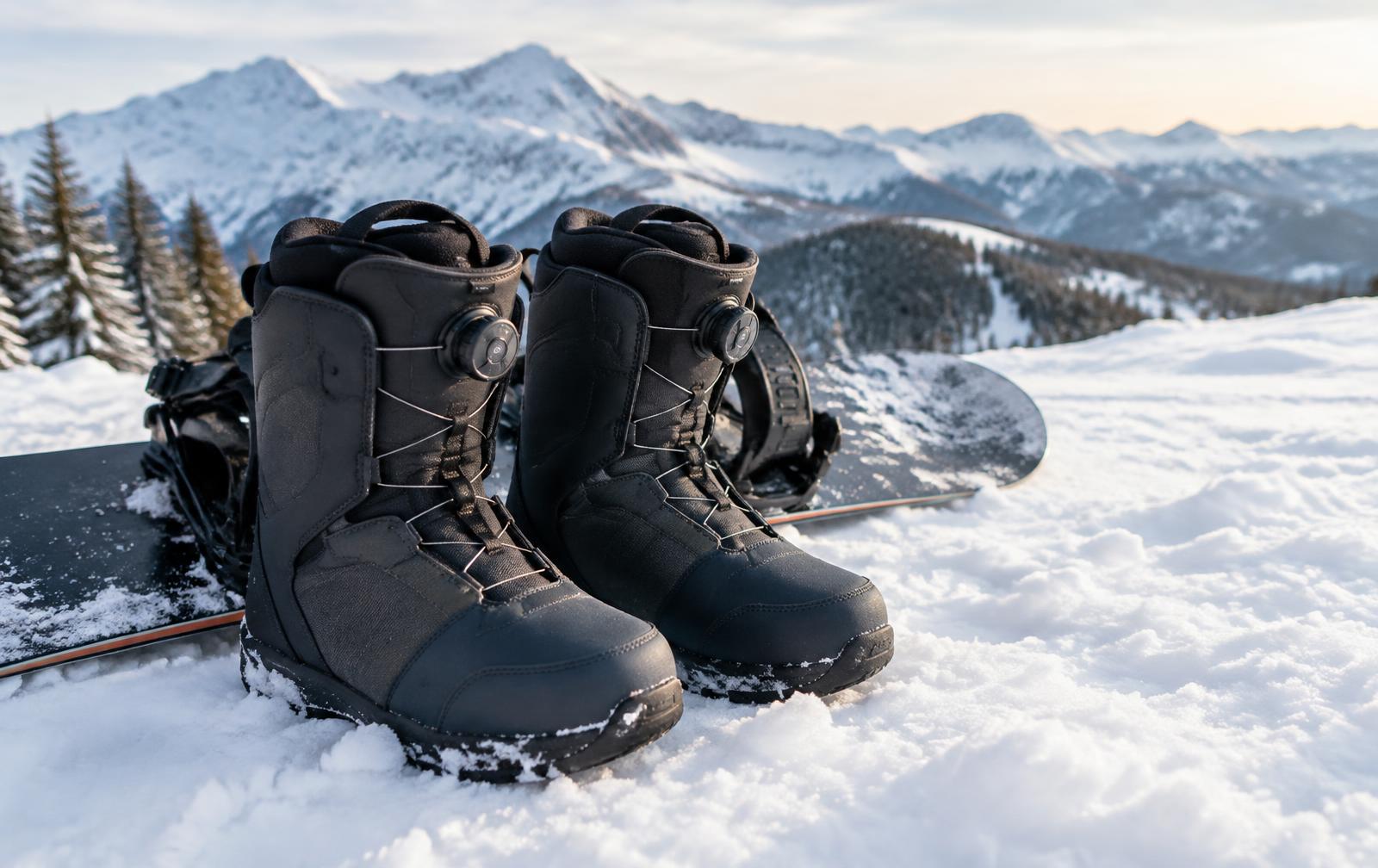 A pair of dial-laced snowboard boots in fresh snow beside a snowboard, mountains behind