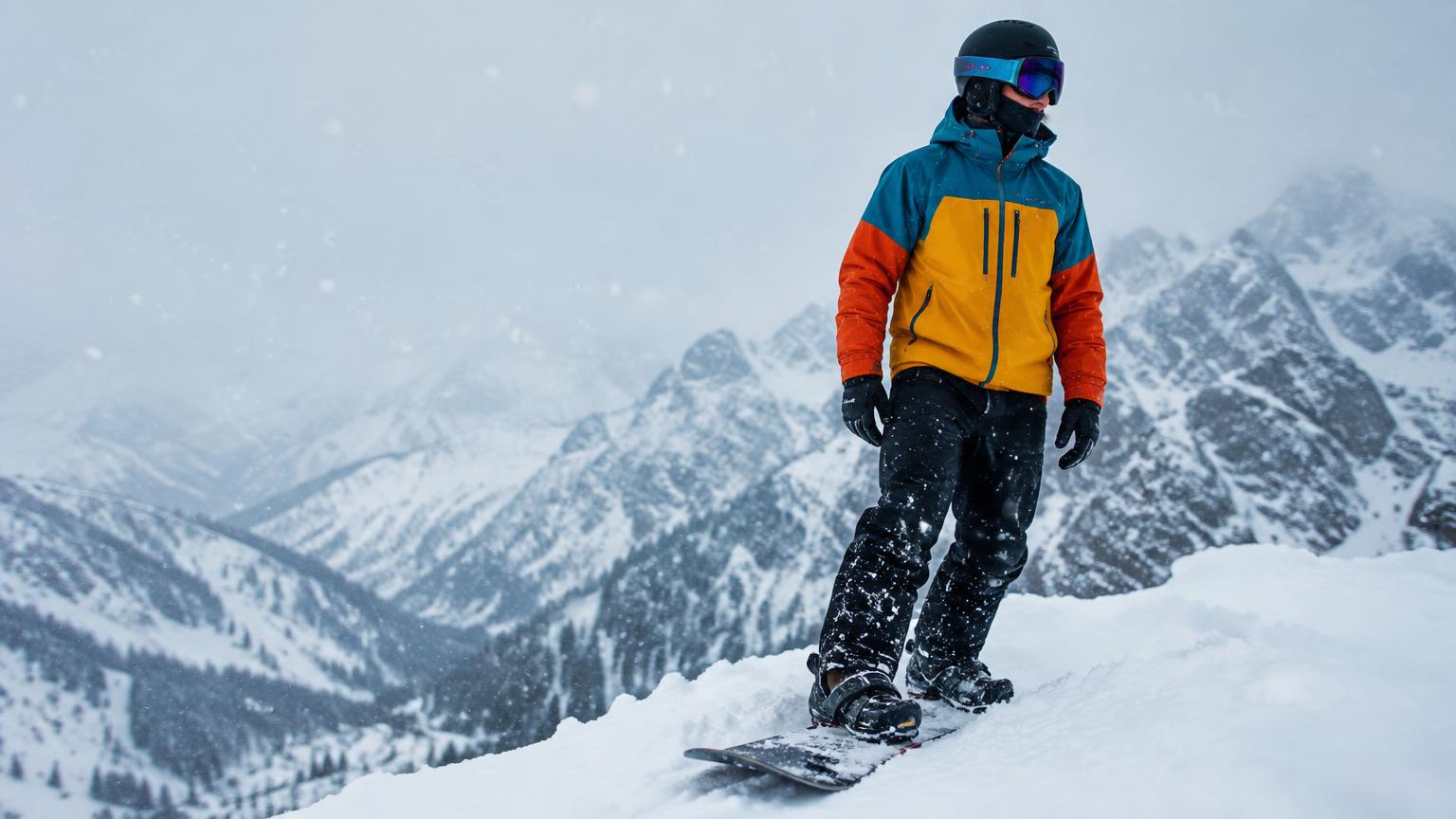 A snowboarder in a bright waterproof jacket on a snowy ridge