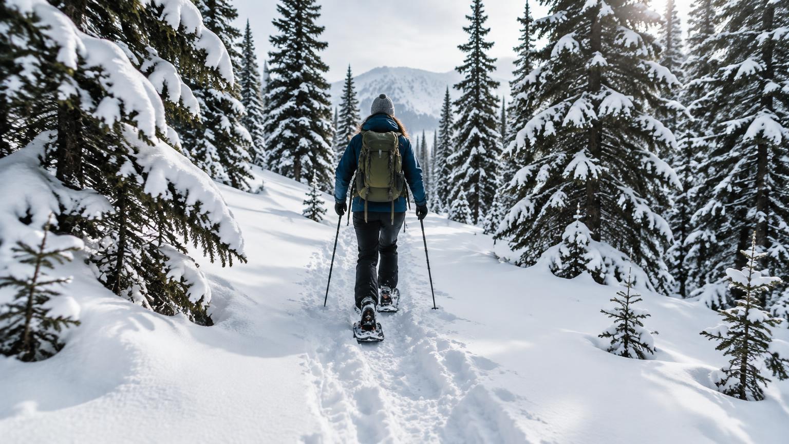 A hiker in snowshoes walking through a snowy pine forest