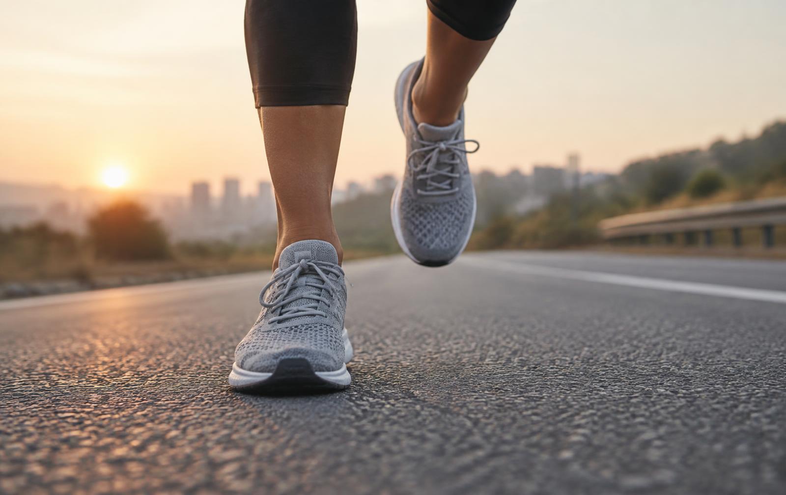 Close-up of a runner's feet in plain grey running shoes striding along a paved road at sunrise