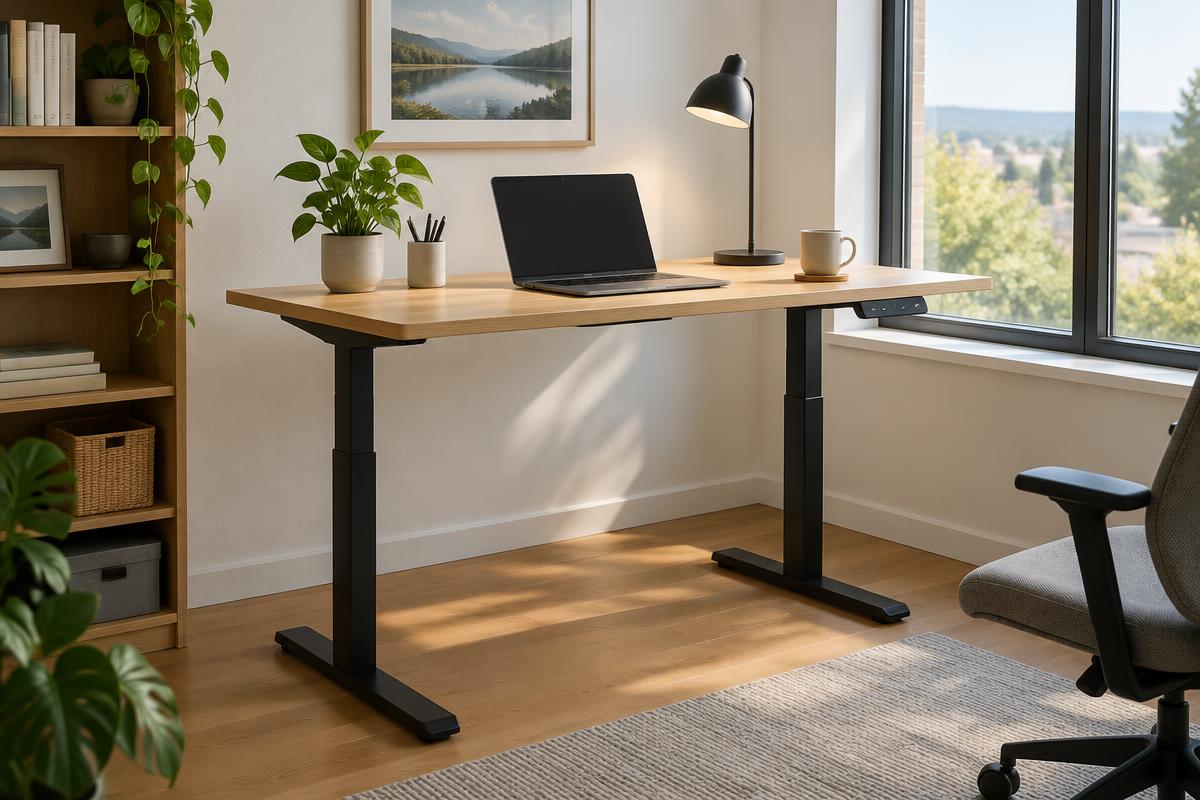A height-adjustable standing desk in a sunlit home office