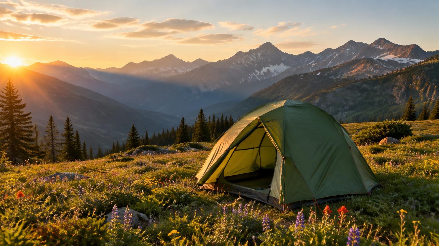 A green dome tent pitched in a wildflower meadow below mountain peaks