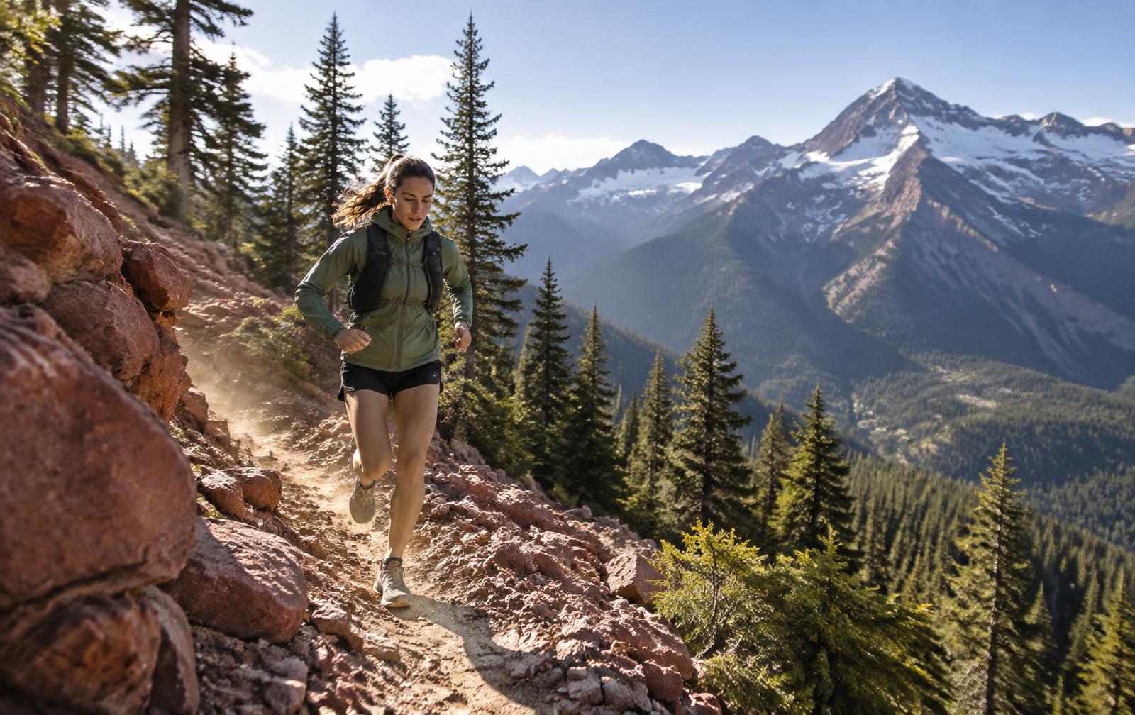 A trail runner in a green jacket descending a rocky mountain singletrack among pine trees below snowy peaks