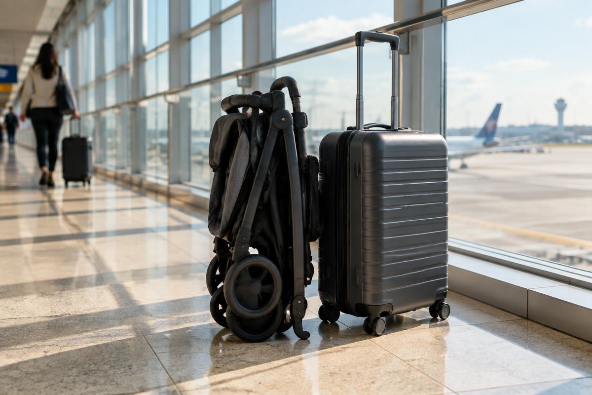 A folded compact stroller next to a suitcase in an airport terminal