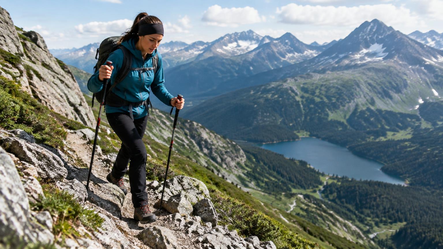 A hiker using trekking poles on a rocky alpine trail above a lake