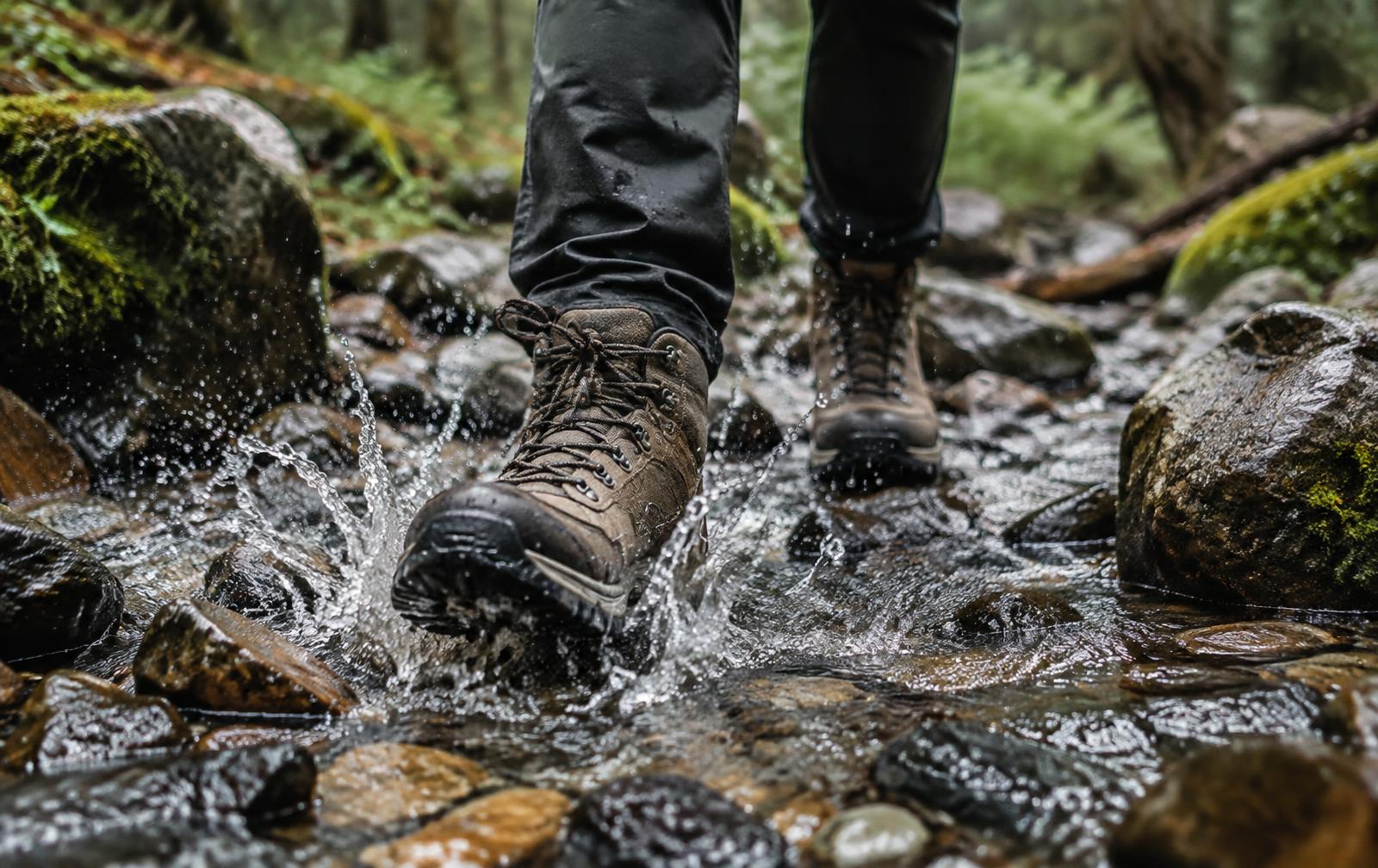 Close-up of plain brown hiking boots splashing through a rocky forest stream
