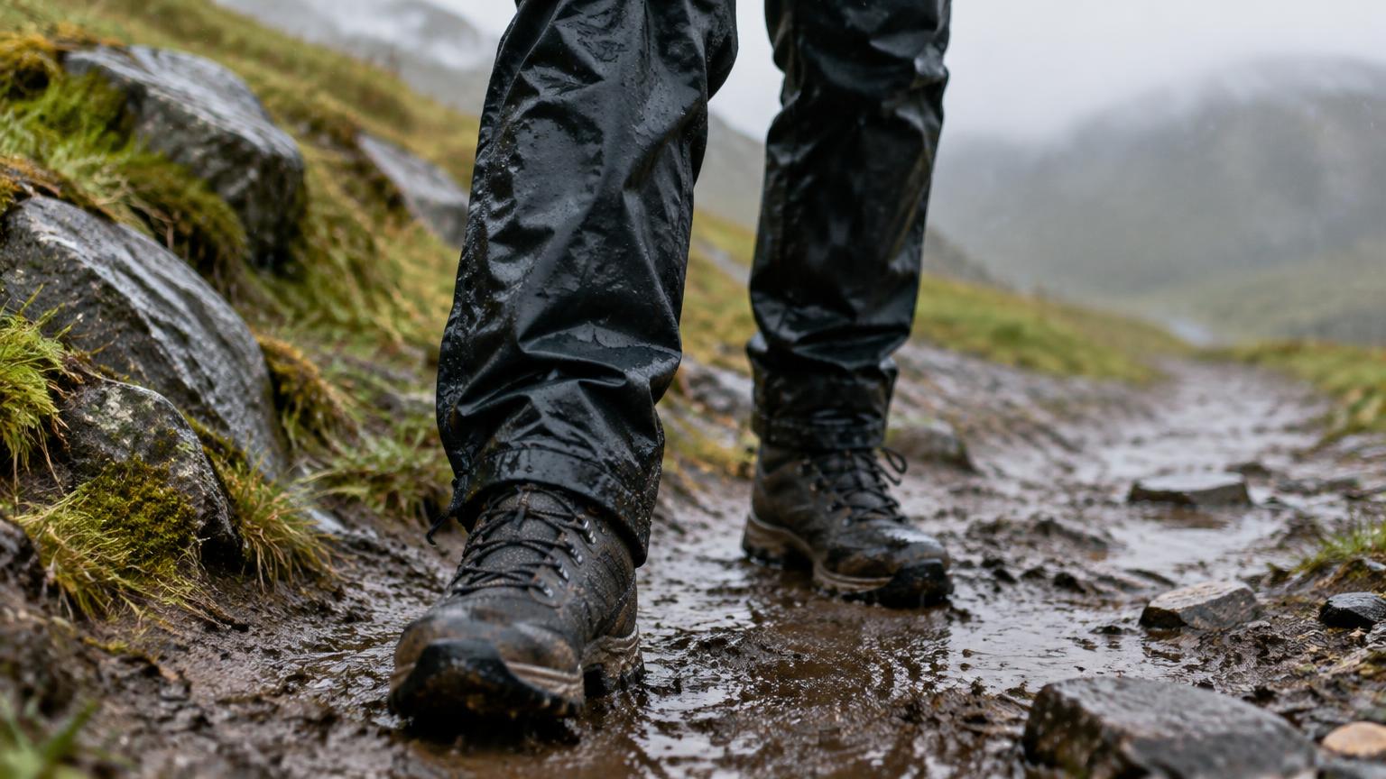 Rain pants and boots on a wet muddy trail