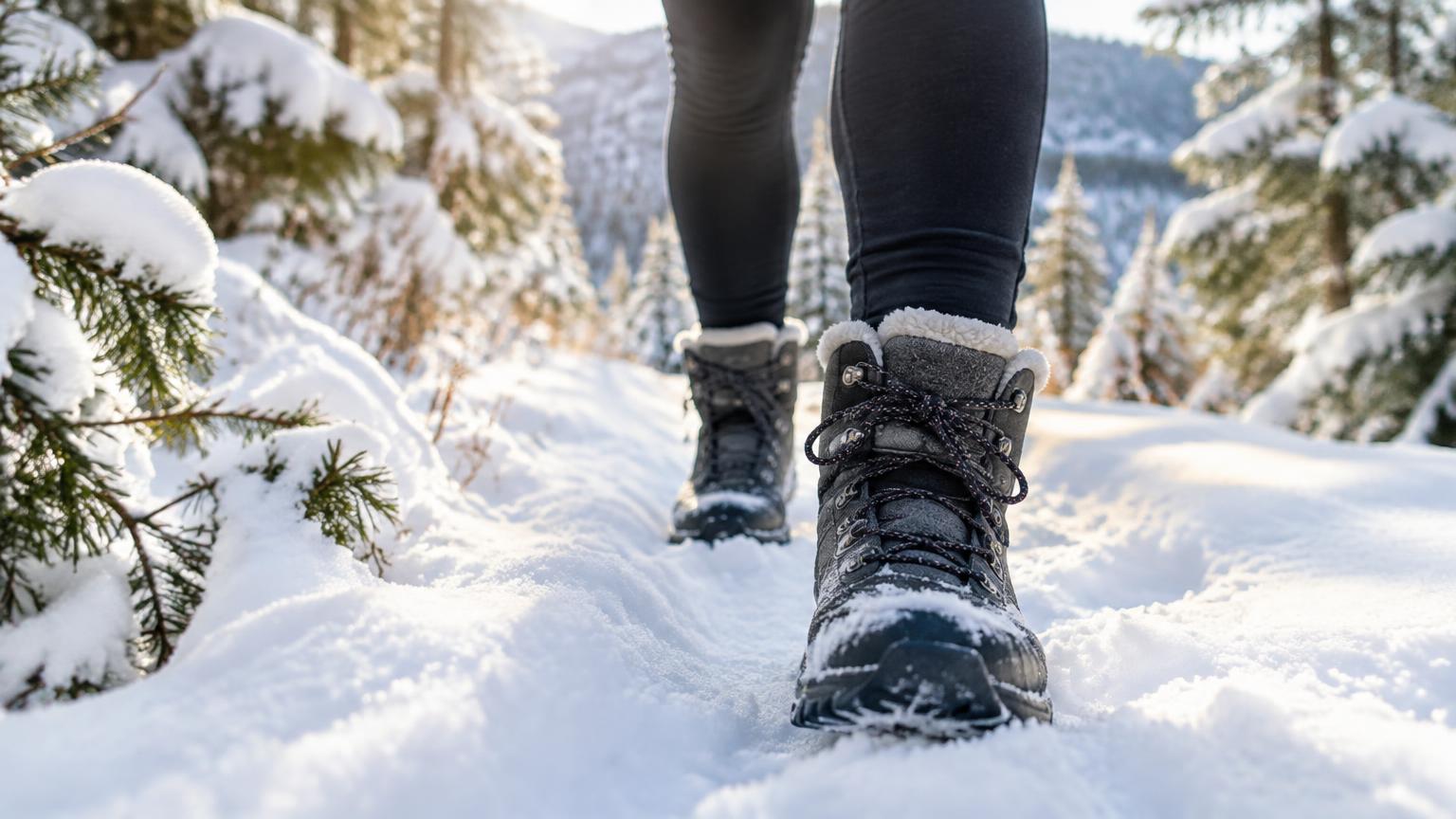 Insulated winter boots on a snowy forest trail