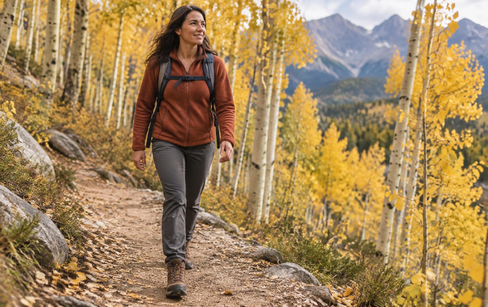 A woman in a rust fleece hiking a dirt trail through golden aspens with mountains behind