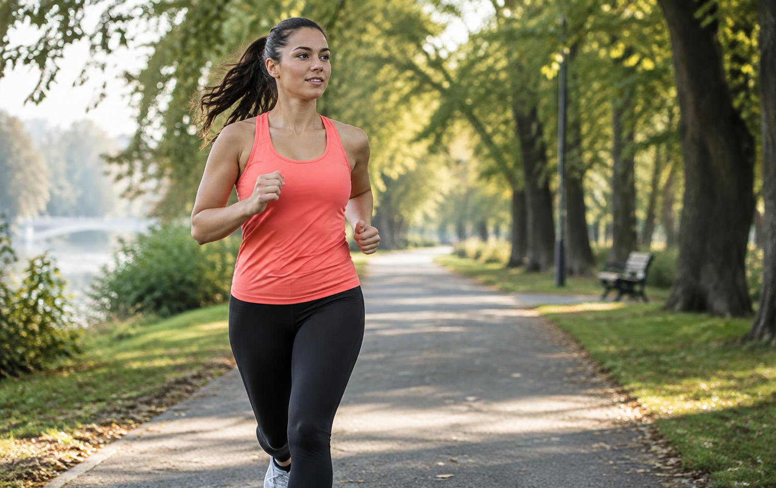 A woman in a coral running top jogging along a tree-lined riverside park path in morning light