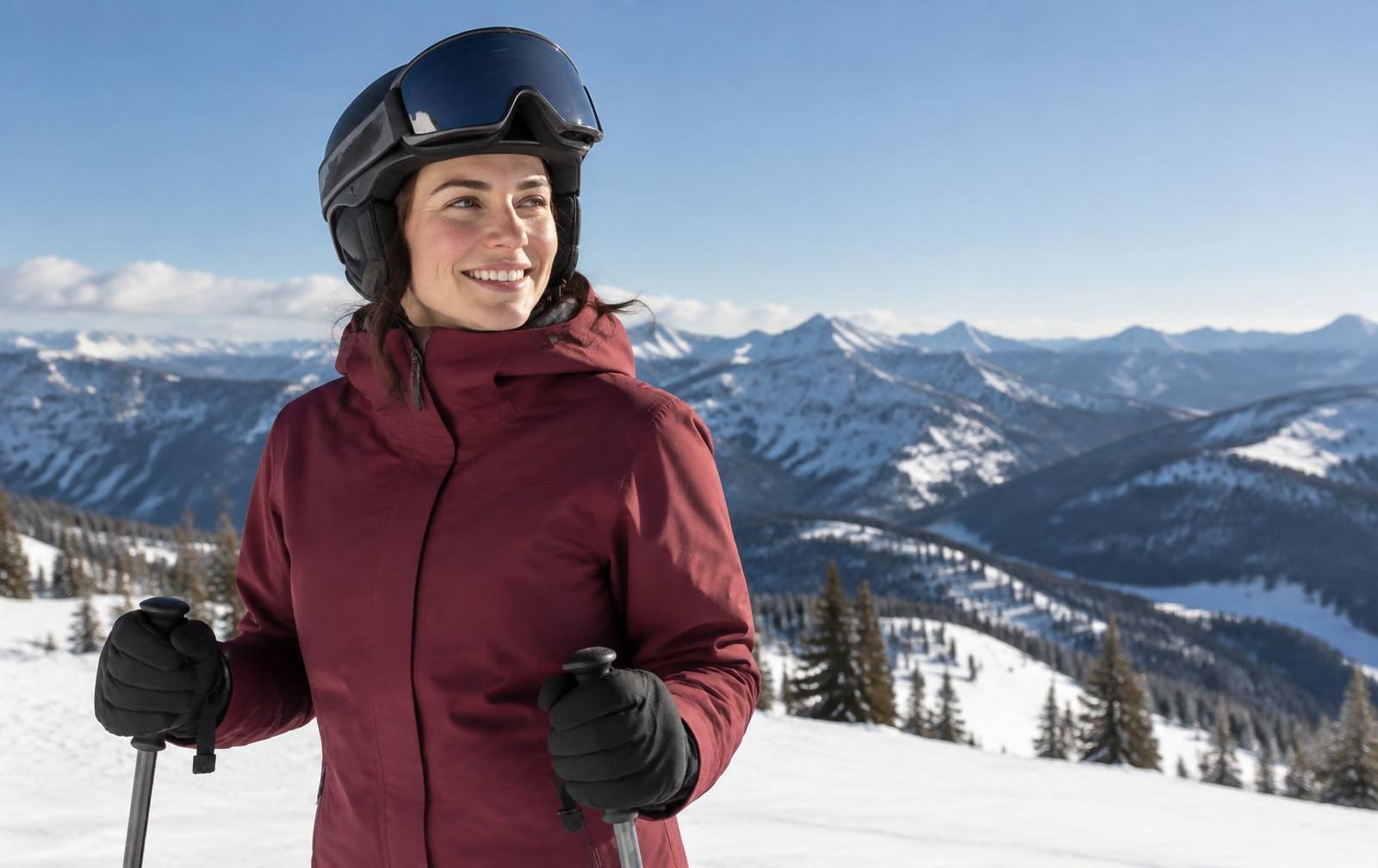 A smiling woman in a burgundy ski jacket at the top of a run on a sunny day