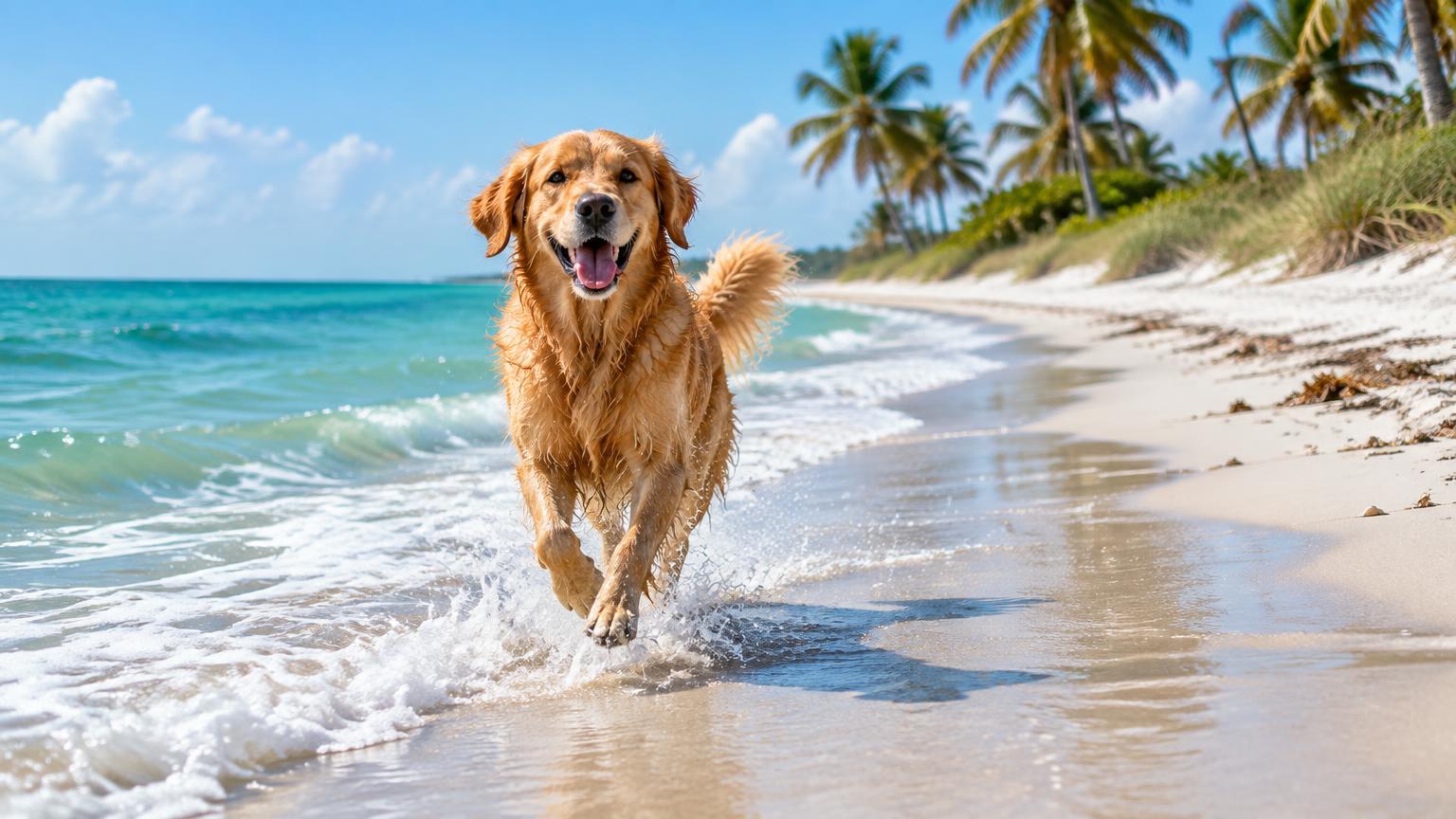 A golden retriever running along the surf on a sunny Florida beach