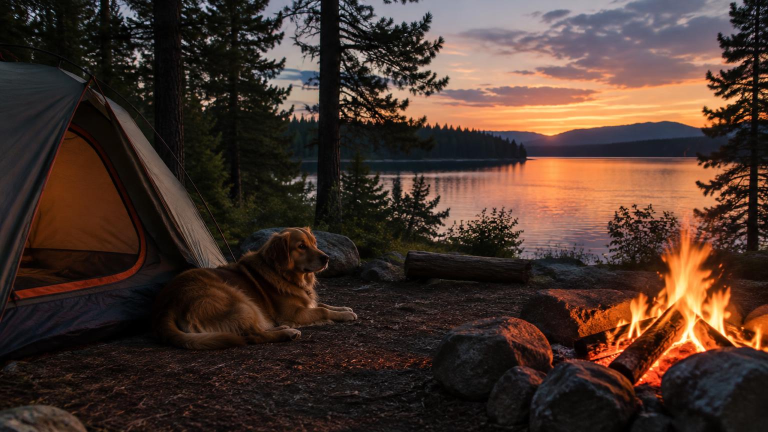 A dog resting beside a tent and campfire at a lakeside campground