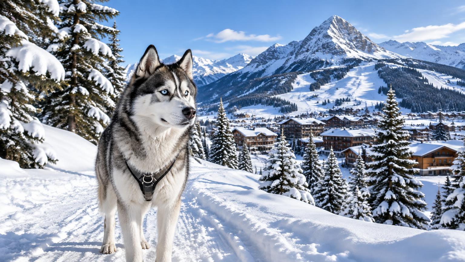 A husky on a snowy trail above a mountain ski village