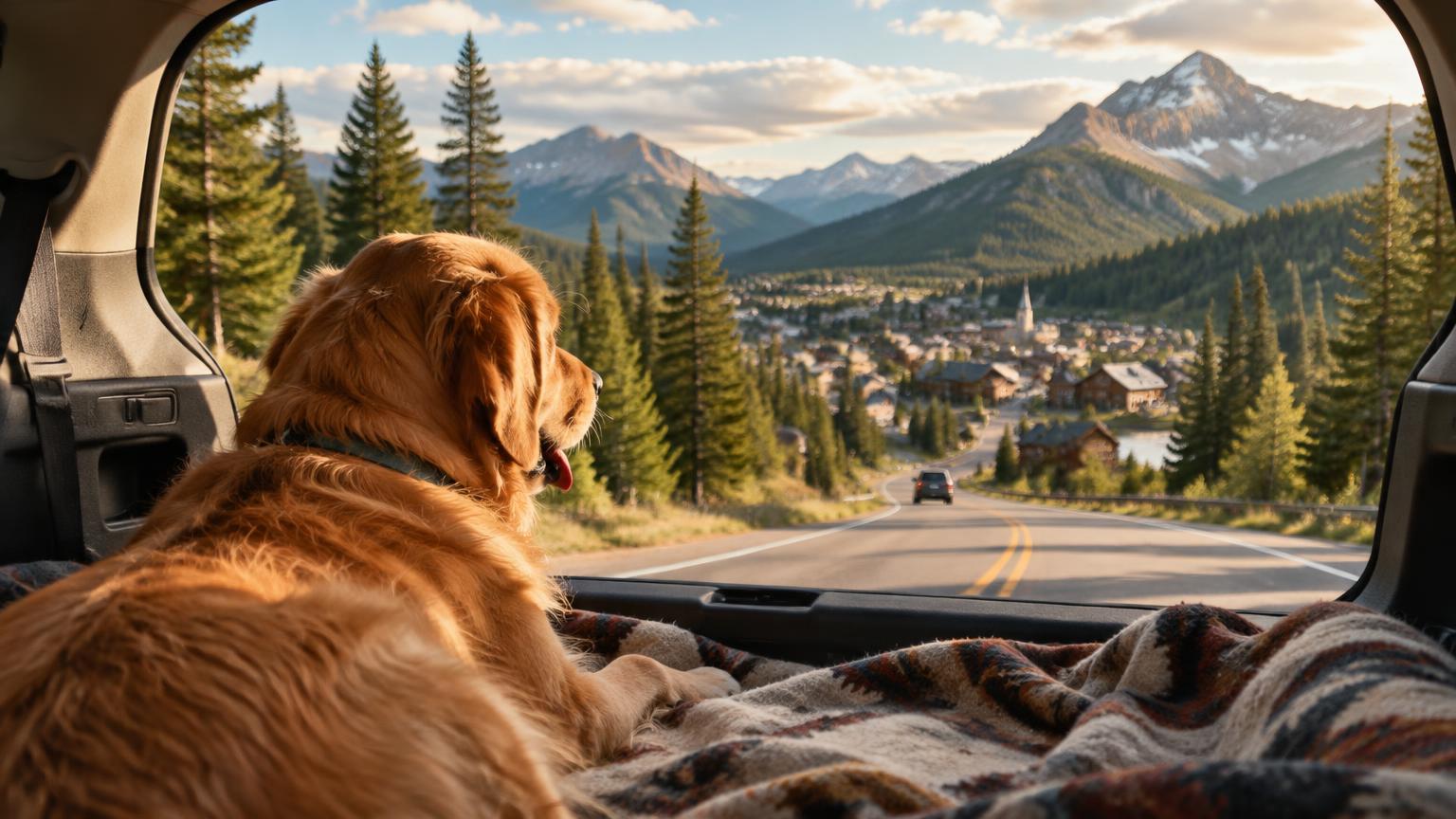 A dog looking out of a car toward a mountain town on a road trip