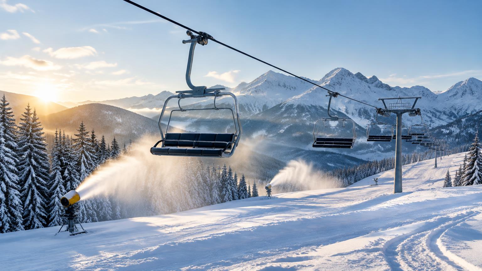 A chairlift running over early-season snow with snow guns