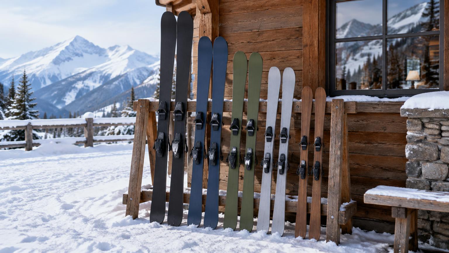Plain skis of different lengths leaning on a rack outside a lodge
