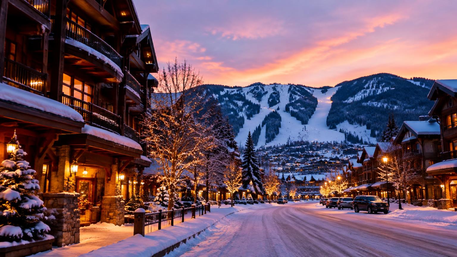 A snowy ski town street at dusk below lit ski slopes