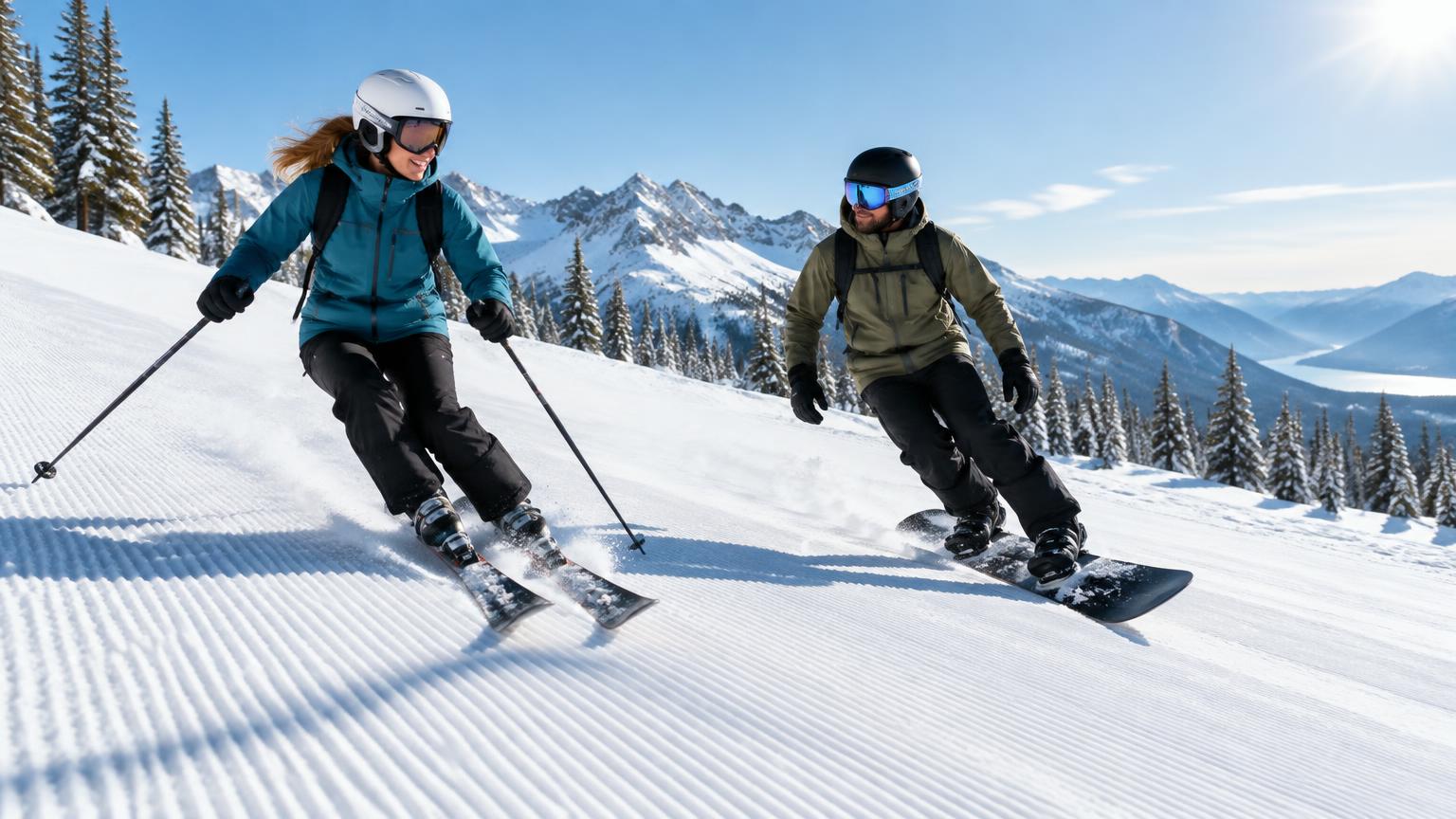 A skier and a snowboarder riding side by side on a groomed slope
