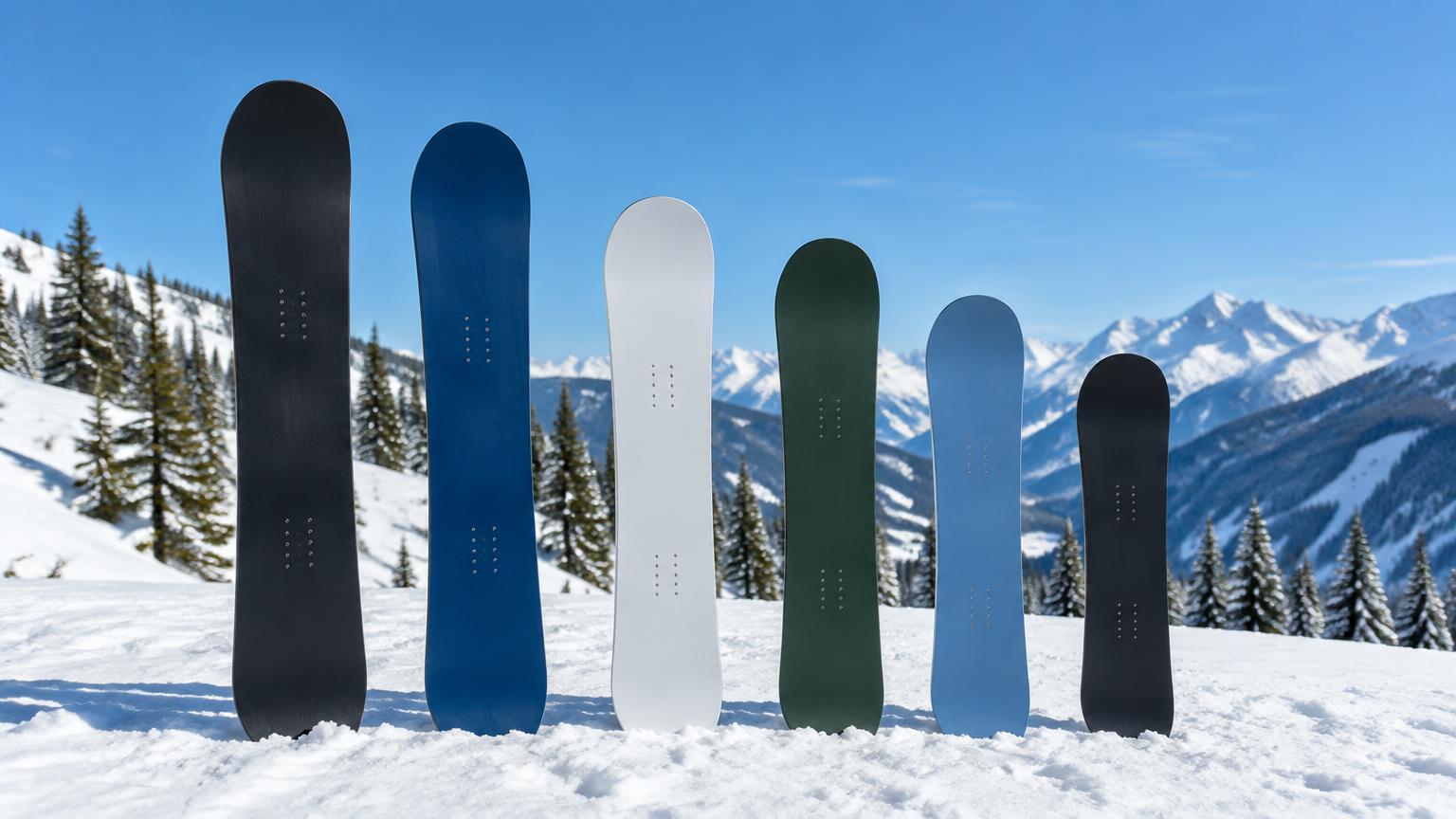 Plain snowboards of different lengths standing in the snow